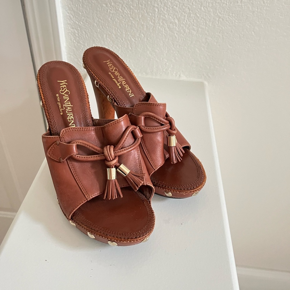 Authentic Yves Saint Laurent Brown Leather Mules with Tassel and Stud Accents - Picture 2 of 9